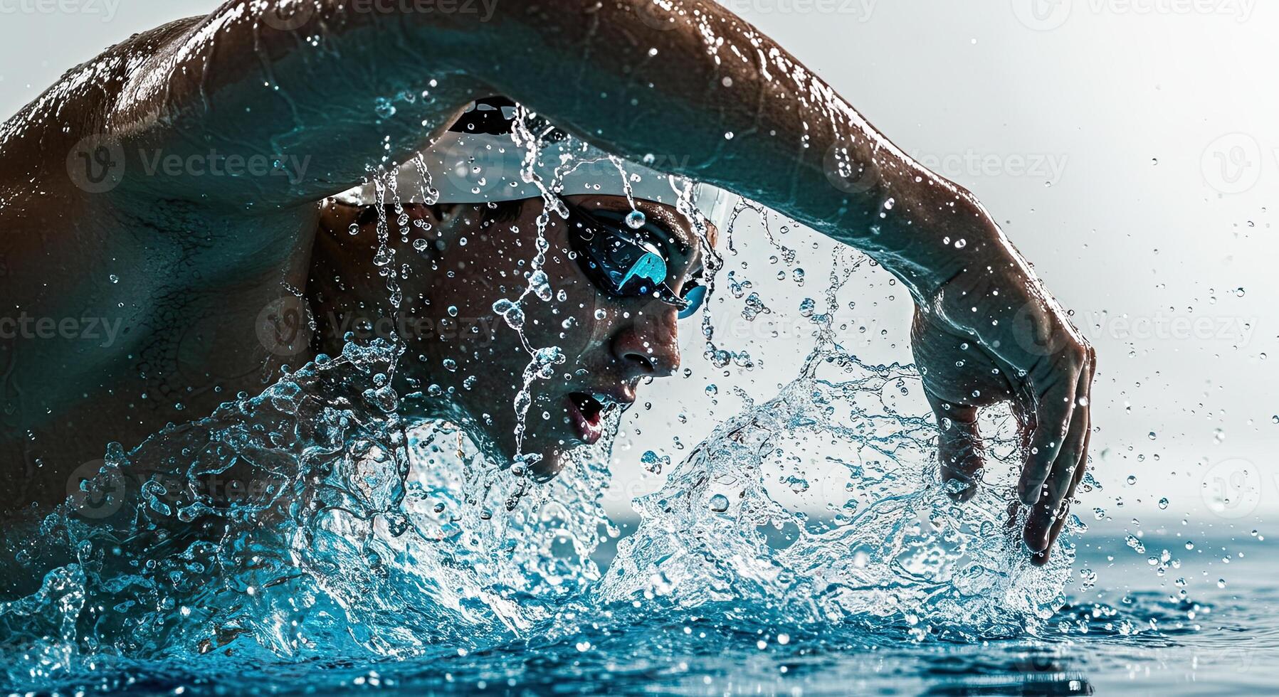 Intense swimmer in action with water splashing around during the swim photo