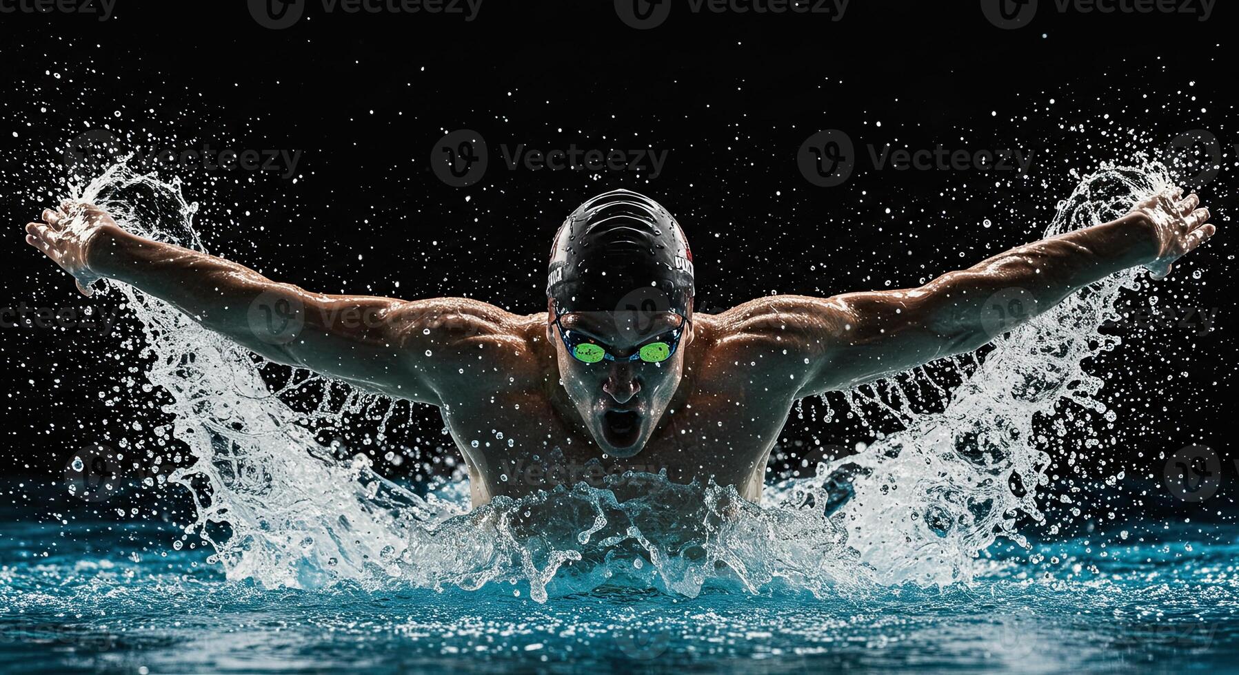 Intense swimmer powerfully performing butterfly stroke in competition pool photo