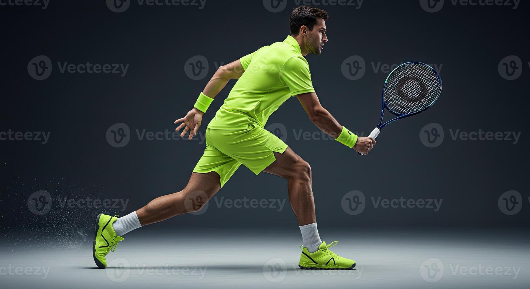 Male tennis player in action mid-swing wearing neon sports outfit photo