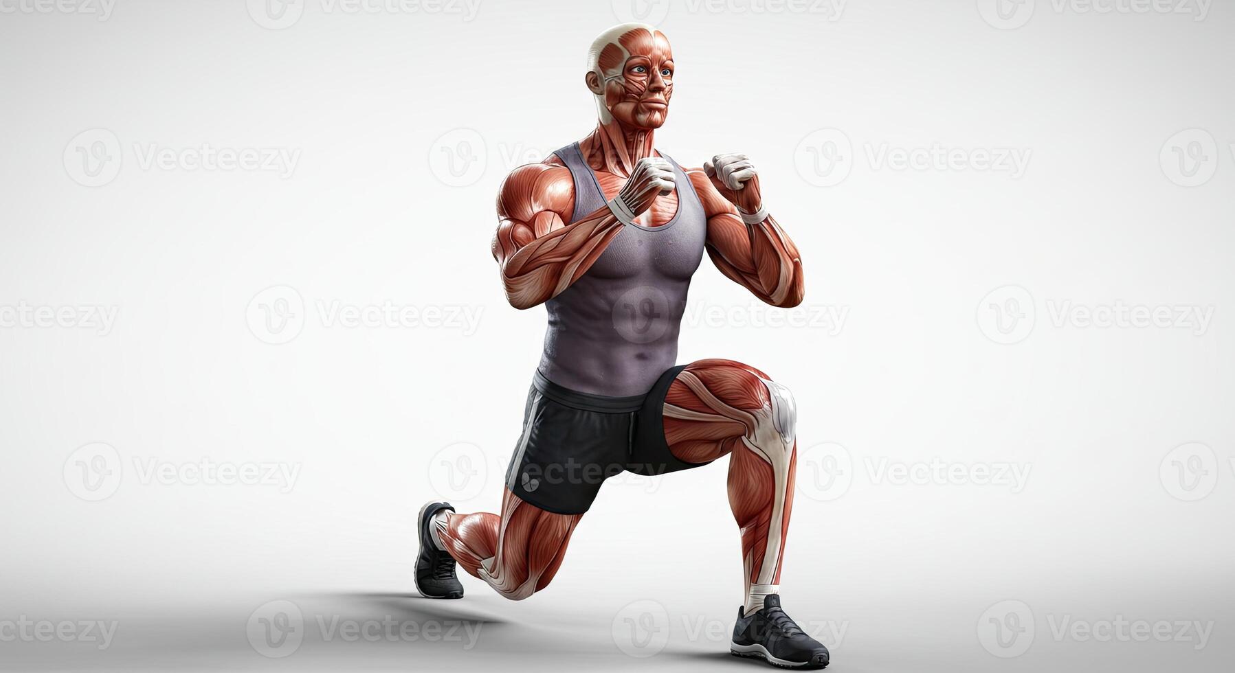 Man demonstrates anatomical lunges for fitness showcasing muscles and bones photo