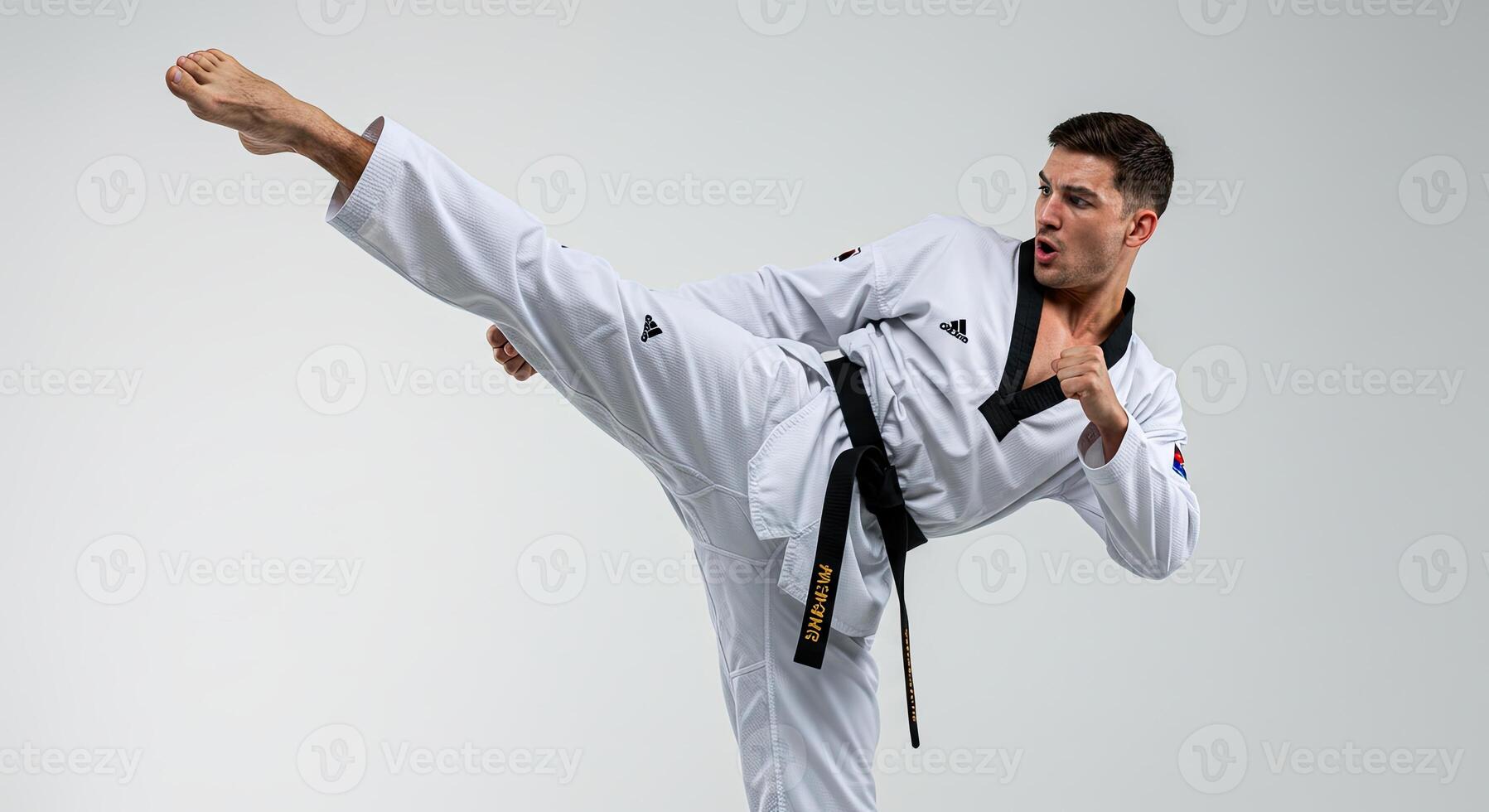 Man in Taekwondo Uniform Executing a Kick with Focus and Determination photo