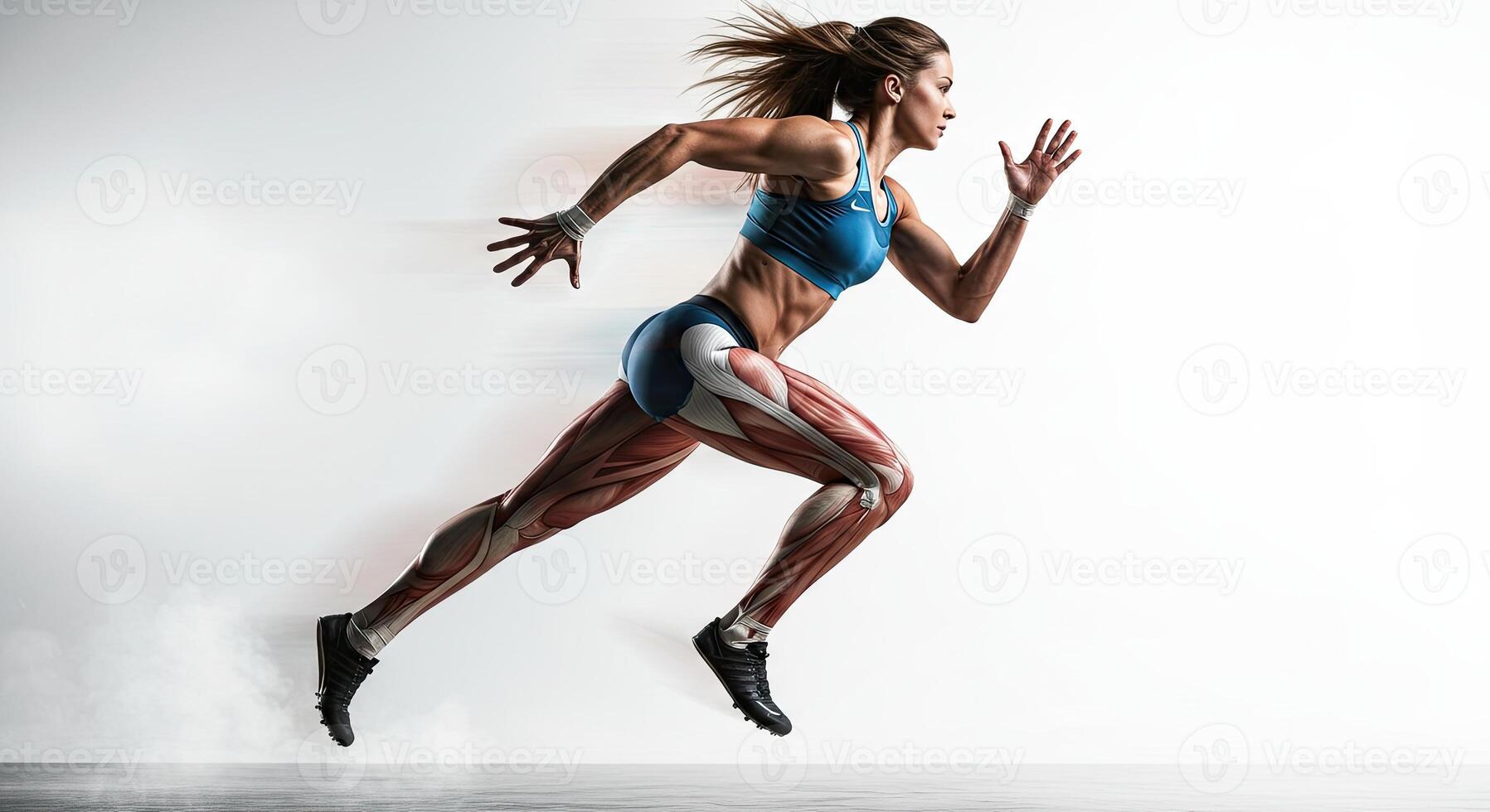 Muscular female athlete sprinting with visible muscle anatomy illustration photo