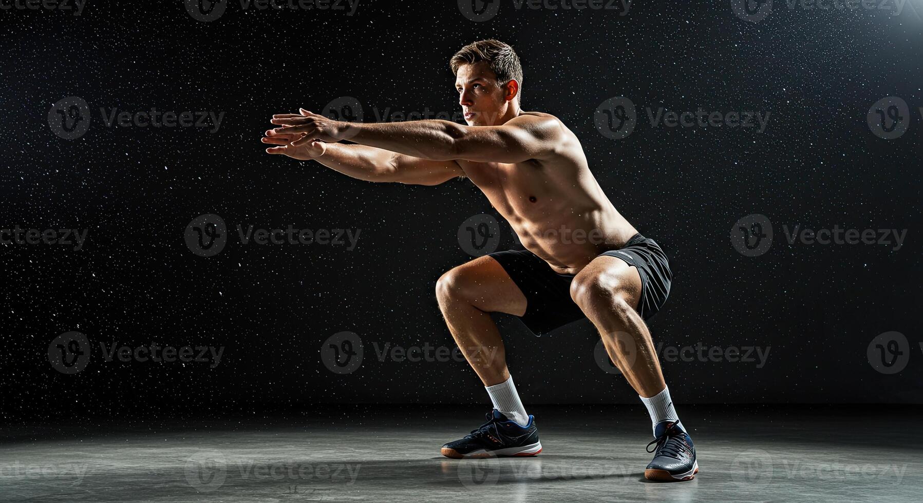 Muscular man doing a squat exercise in a dark studio with water droplets photo