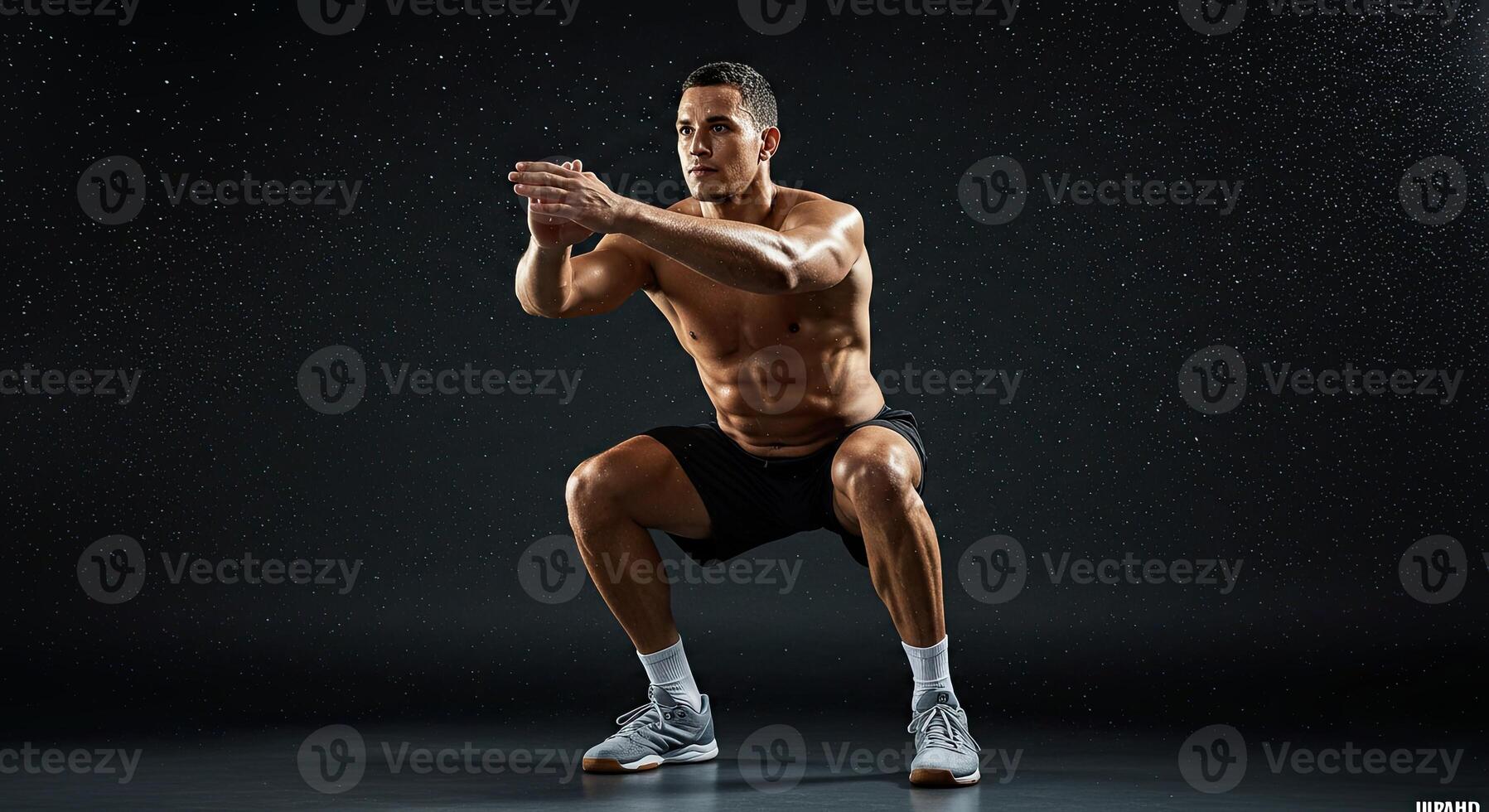 Muscular man doing squats exercise against a dark background during workout session photo