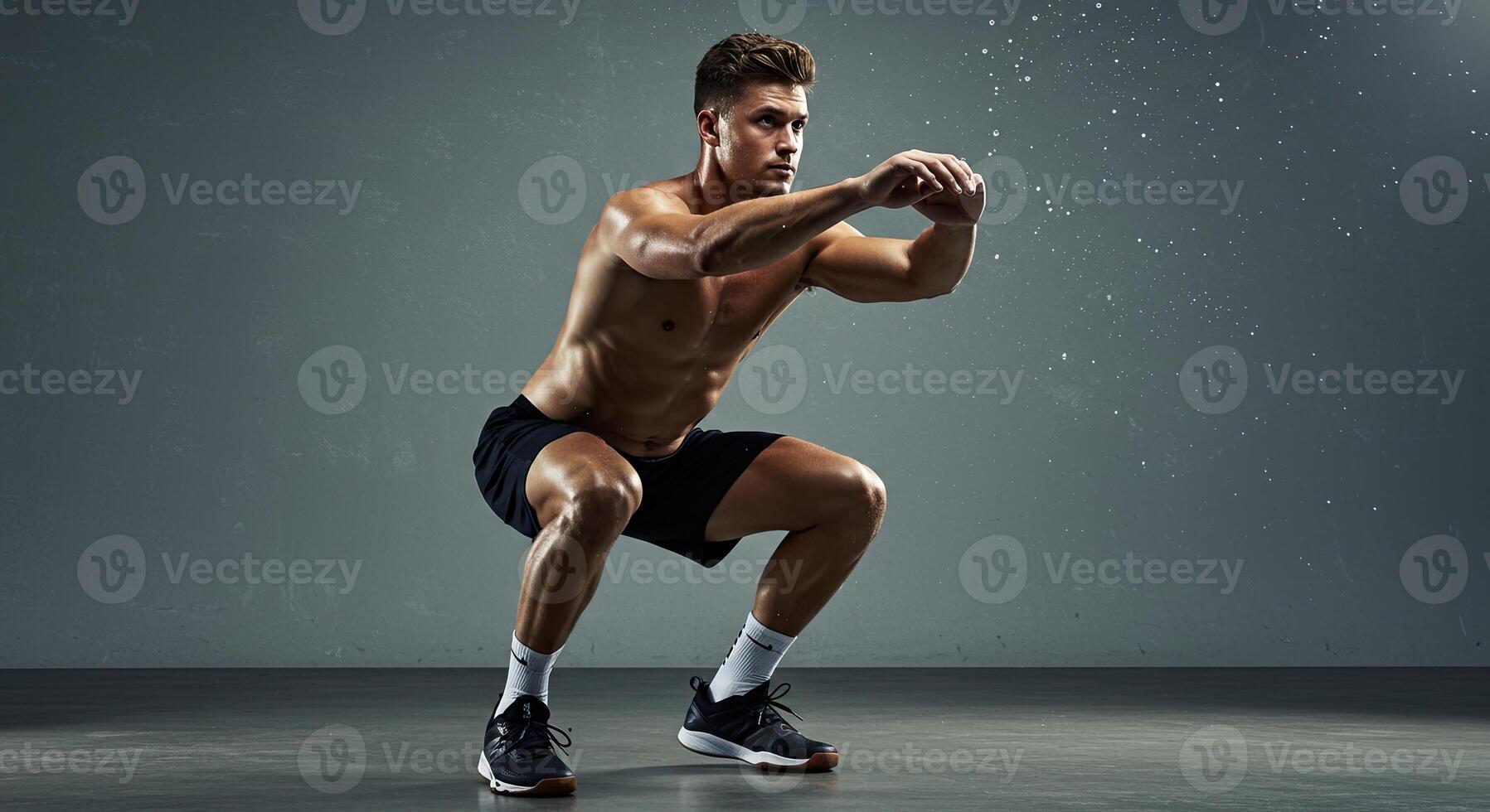 Muscular man doing squats in a gym setting, athletic fitness workout. photo
