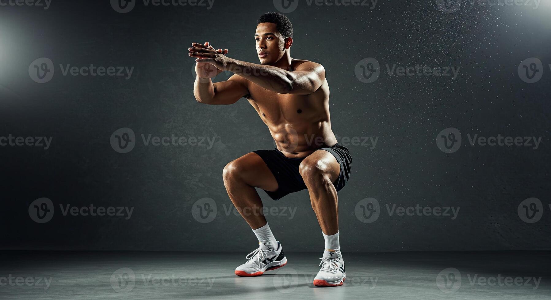 Muscular man performing a bodyweight squat exercise in a studio setting photo