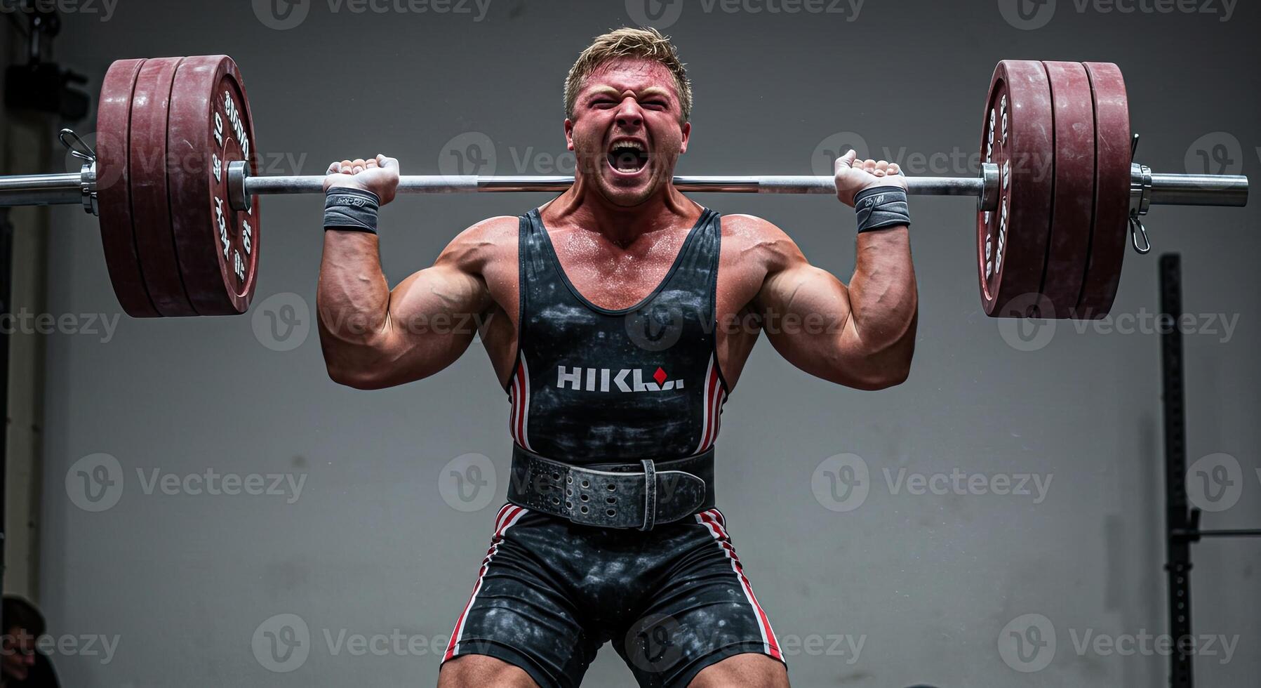 Muscular man weightlifting and screaming with heavy barbell overhead press photo