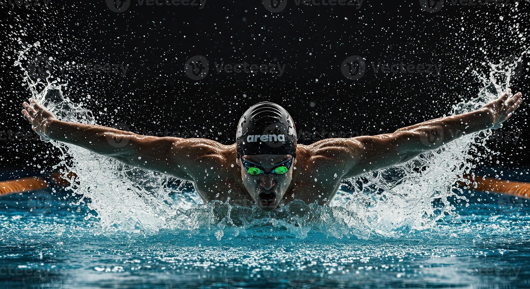 Muscular swimmer in action performing the butterfly stroke in swimming pool photo