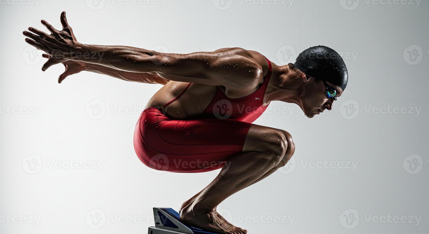 Muscular swimmer poised on starting block ready for competition jump photo