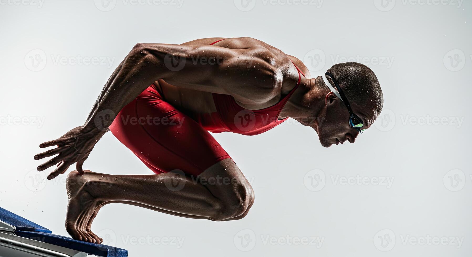 Muscular swimmer poised on starting block ready to dive into the pool photo