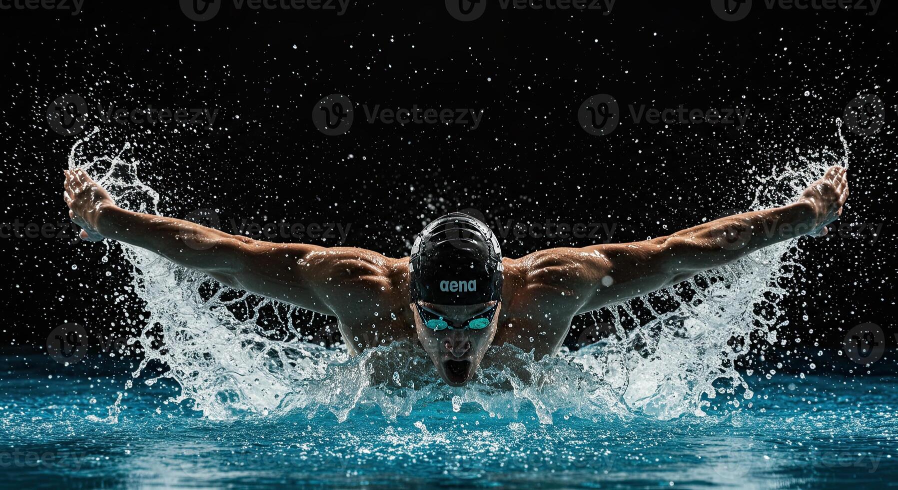 Muscular swimmer powerfully demonstrates butterfly stroke in dynamic water photo
