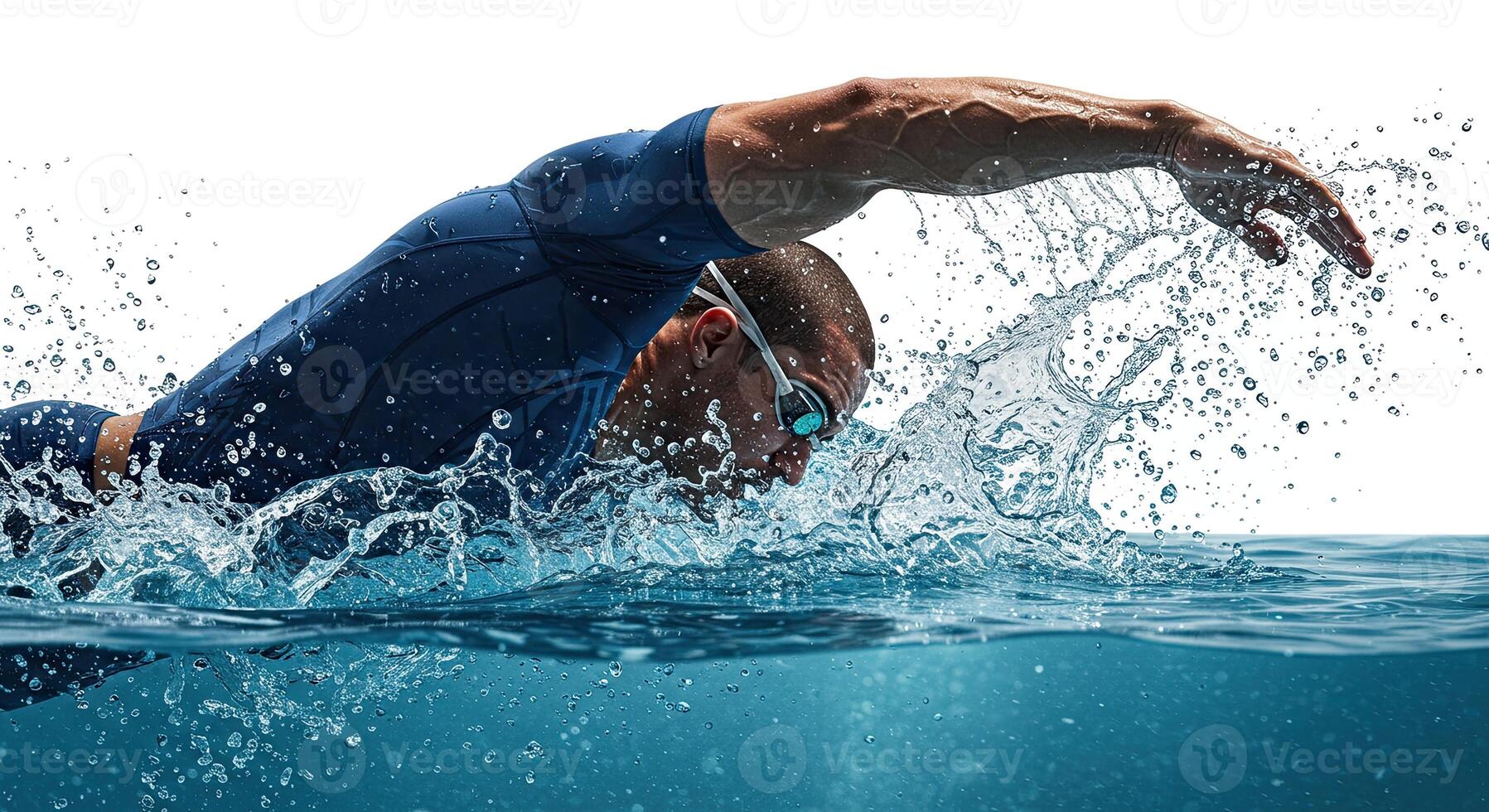 Muscular swimmer powerfully strokes through water creating dynamic splash photo