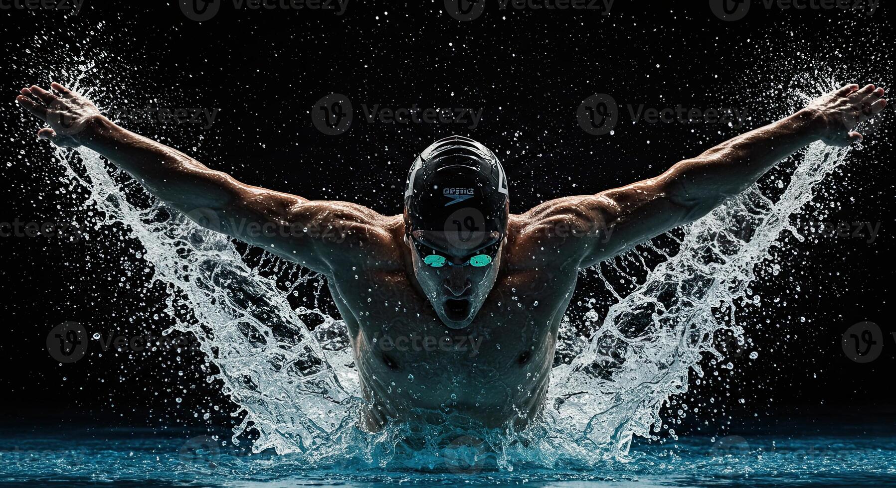 Muscular swimmer powerfully performs butterfly stroke with water splash photo