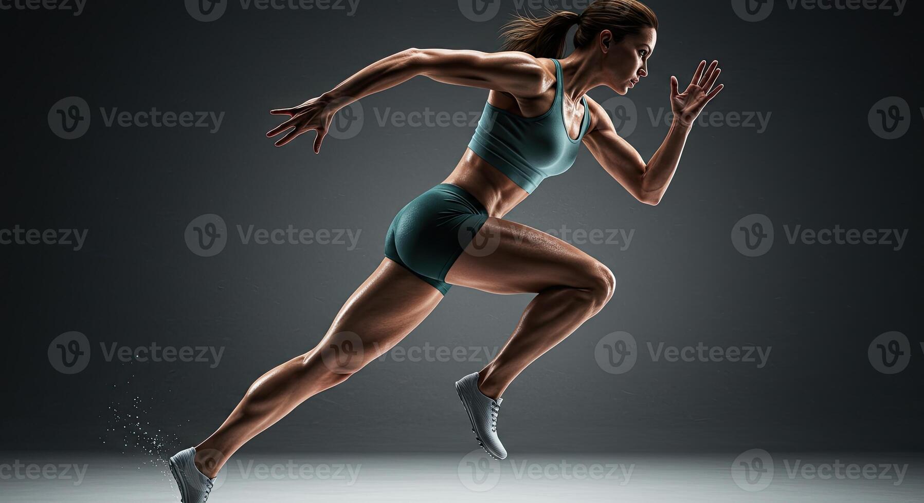 Muscular woman sprinting with power and determination in a dynamic pose photo