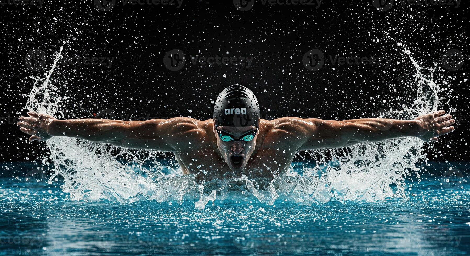 Powerful swimmer in action butterfly stroke with splashing water effect photo