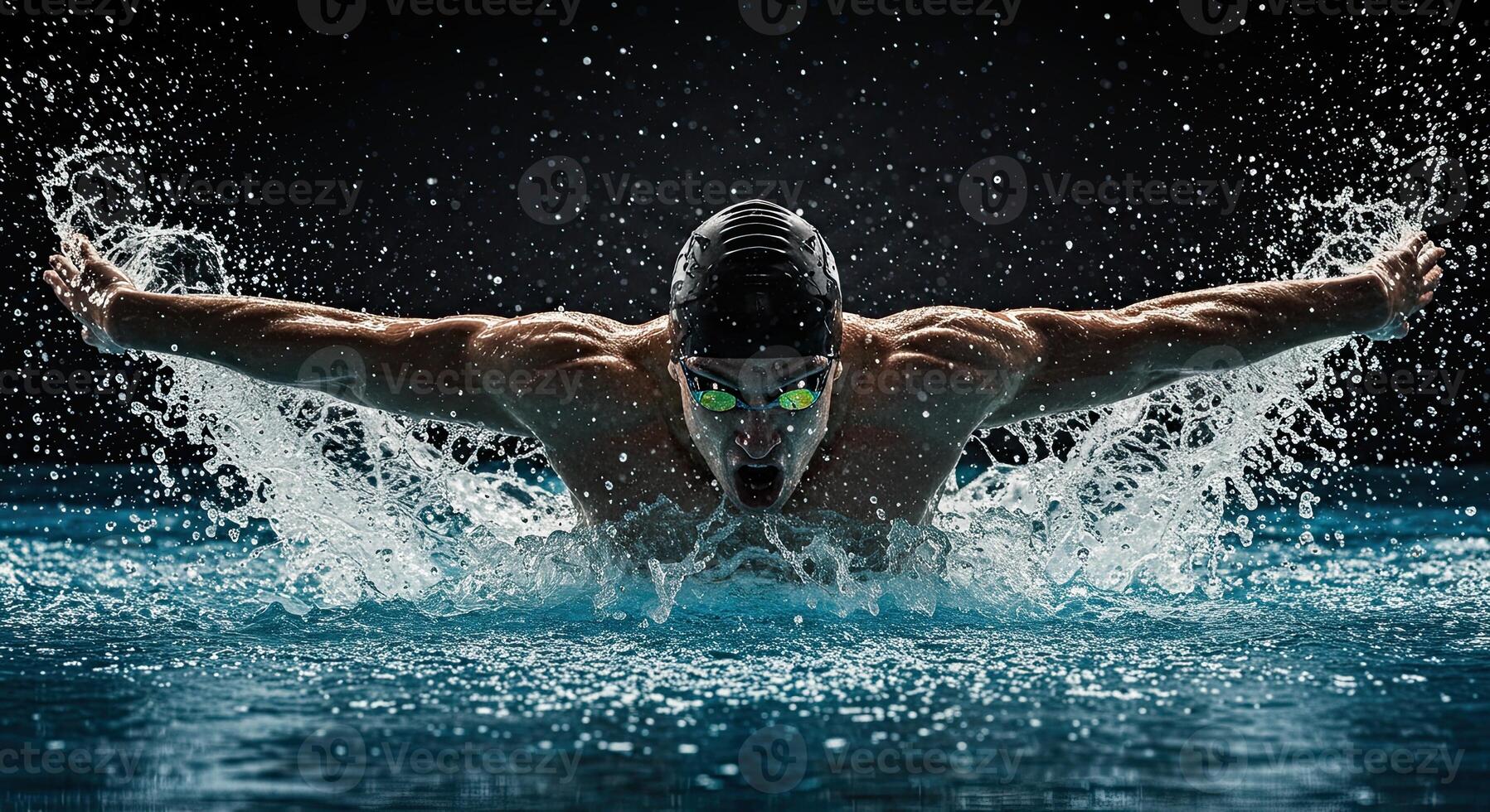 Powerful swimmer in action performing butterfly stroke in pool water photo