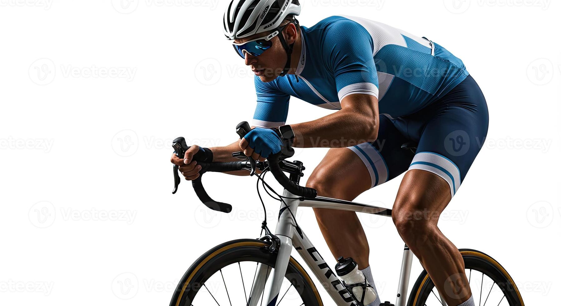 Professional cyclist in action riding bicycle on white studio background photo