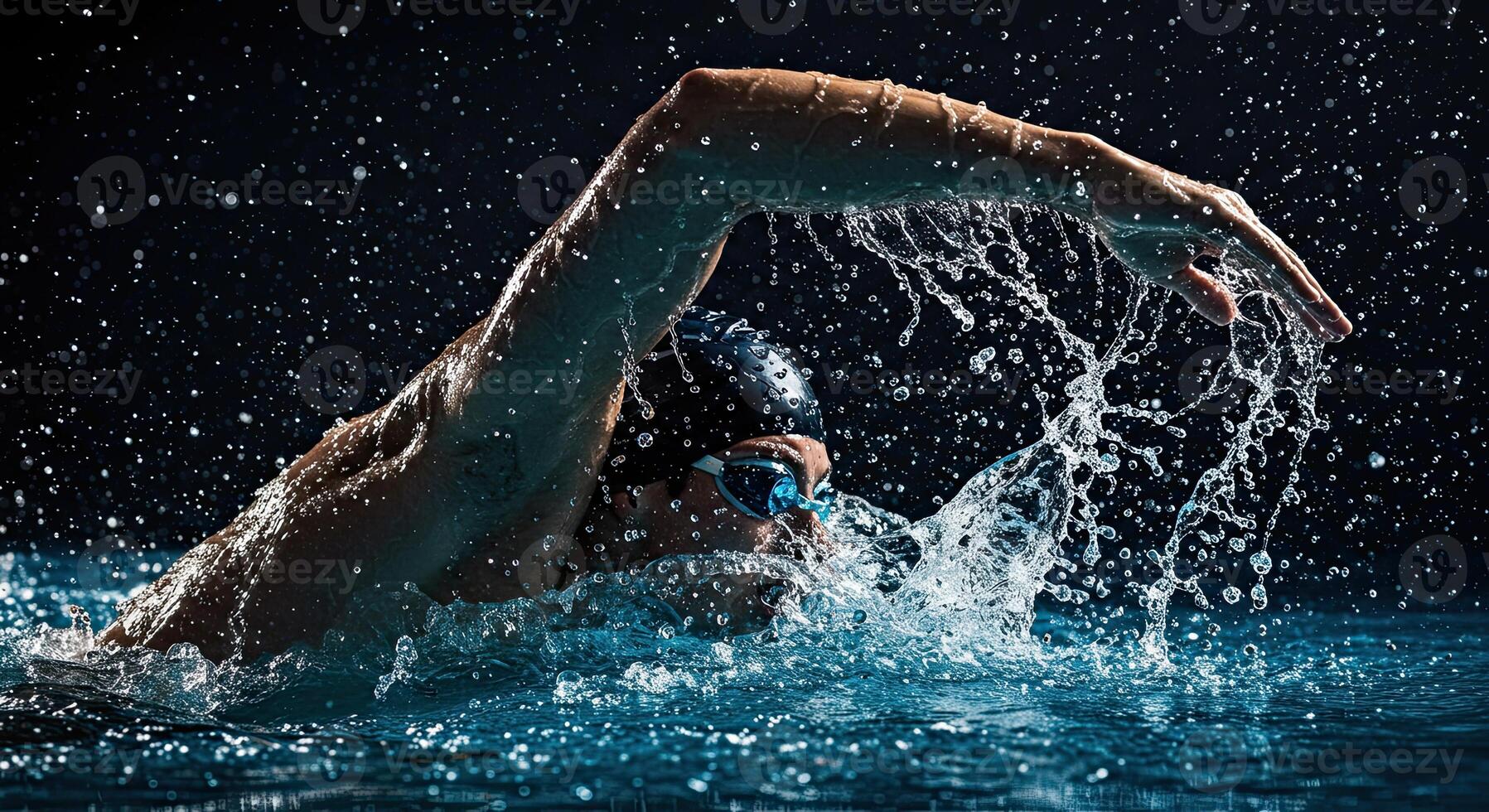 Professional swimmer in action performing freestyle stroke in water pool photo