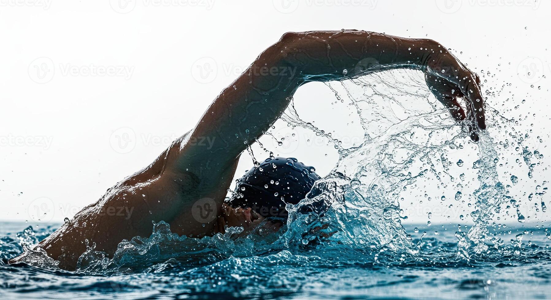 Professional swimmer powerfully strokes through water creating splash effect photo