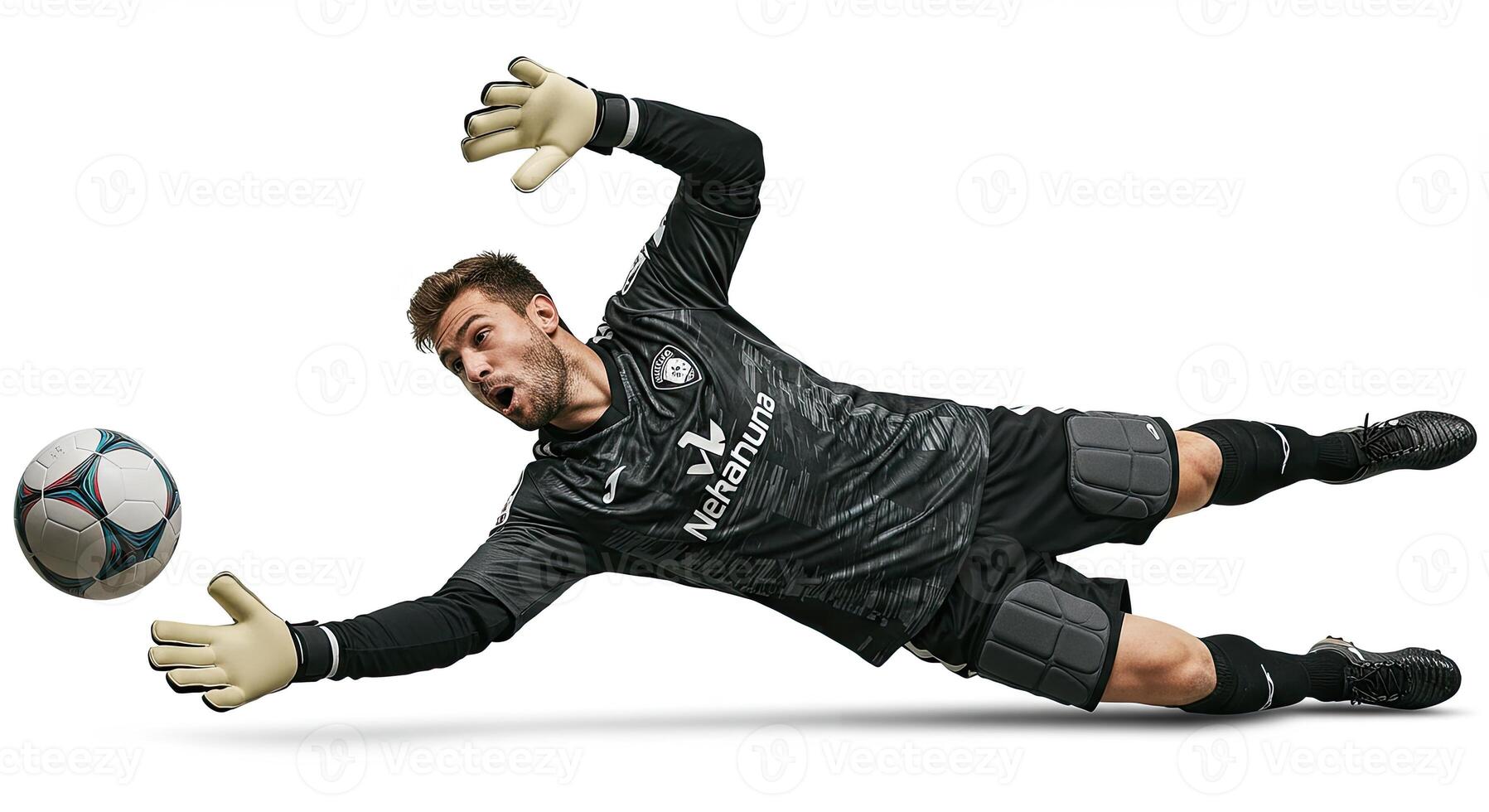 Soccer goalkeeper diving to save the ball in action against a white background photo