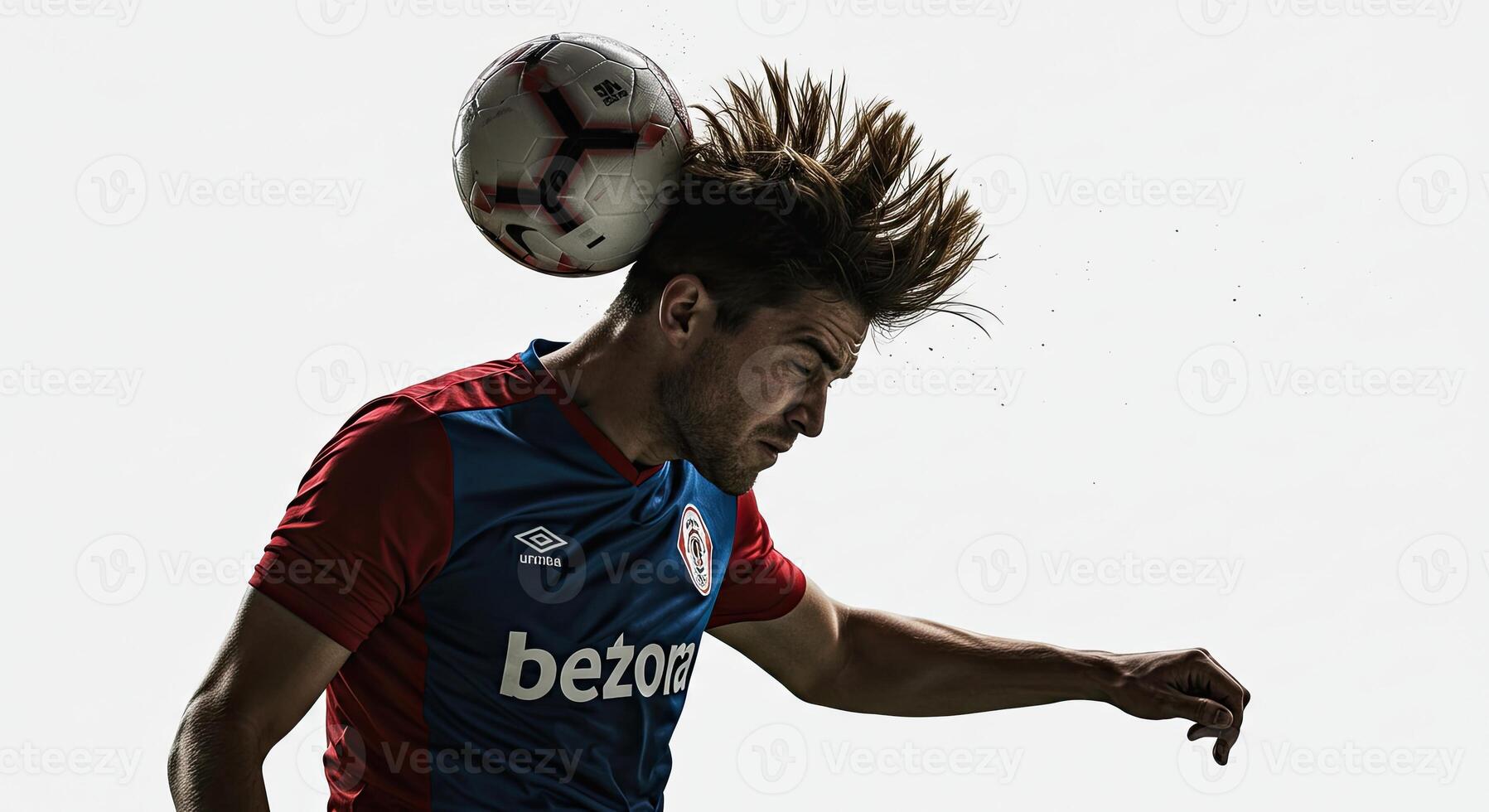 Soccer player heading a ball in motion with focused expression against white background photo