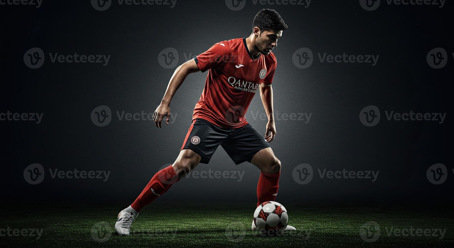 Soccer player in action dribbling the ball on the field with intensity photo