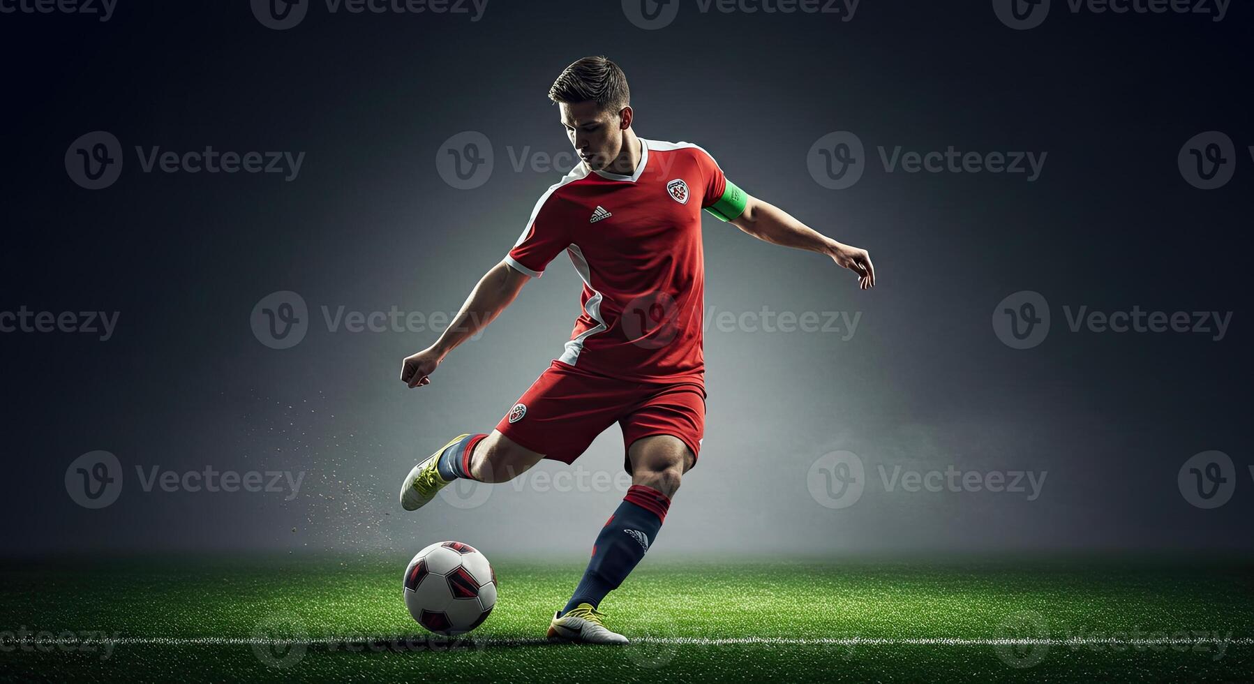 Soccer player kicking the ball on a green field in a dramatic studio setting photo