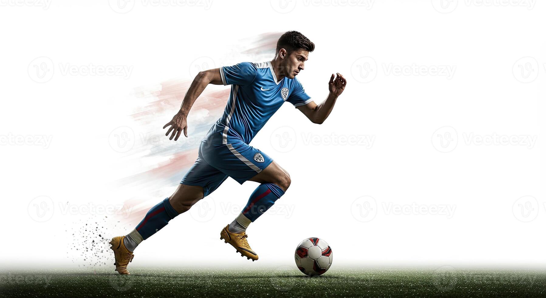 Soccer player running with the ball on a green field, action shot. photo