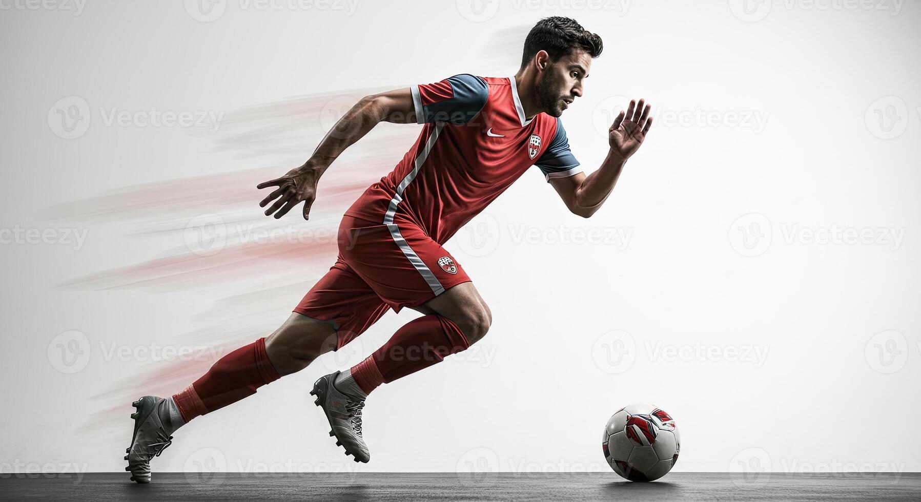 Soccer player sprinting with motion blur towards the ball, action shot in studio photo
