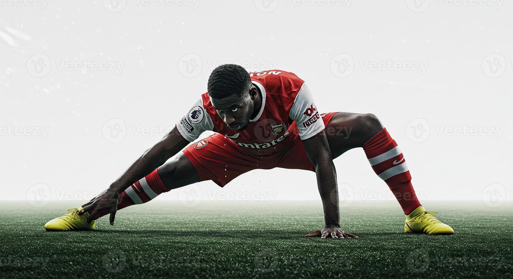 Soccer player stretching on a green field in a dynamic and athletic pose photo