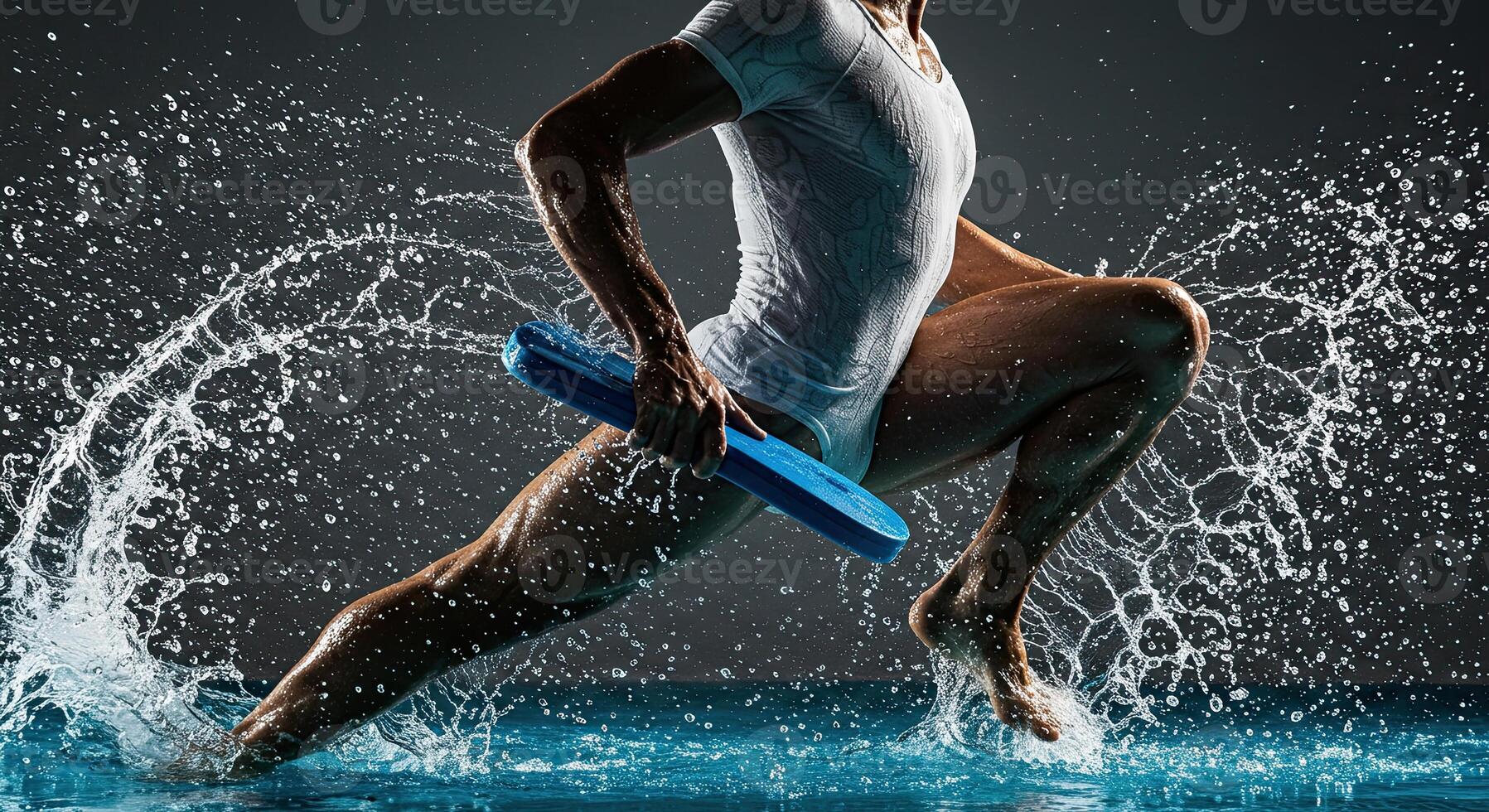 Strong athlete running in water holding kickboard fitness and determination photo
