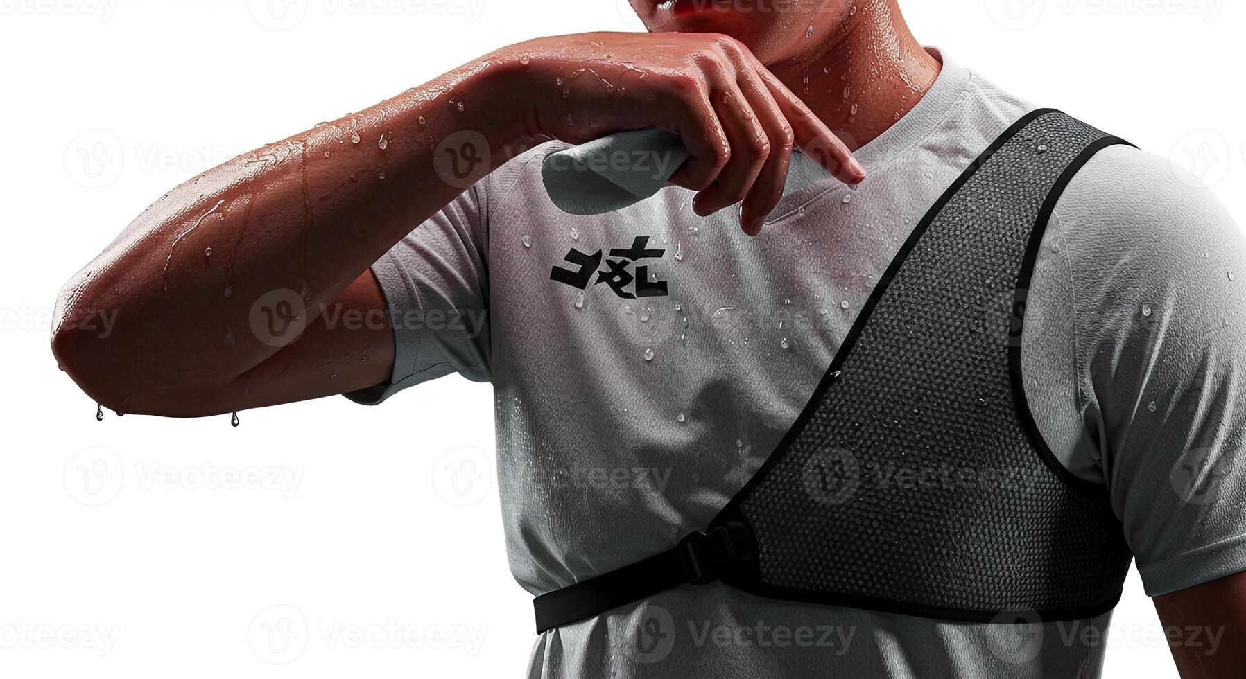 Sweaty athlete wiping face after intense workout for health and fitness photo
