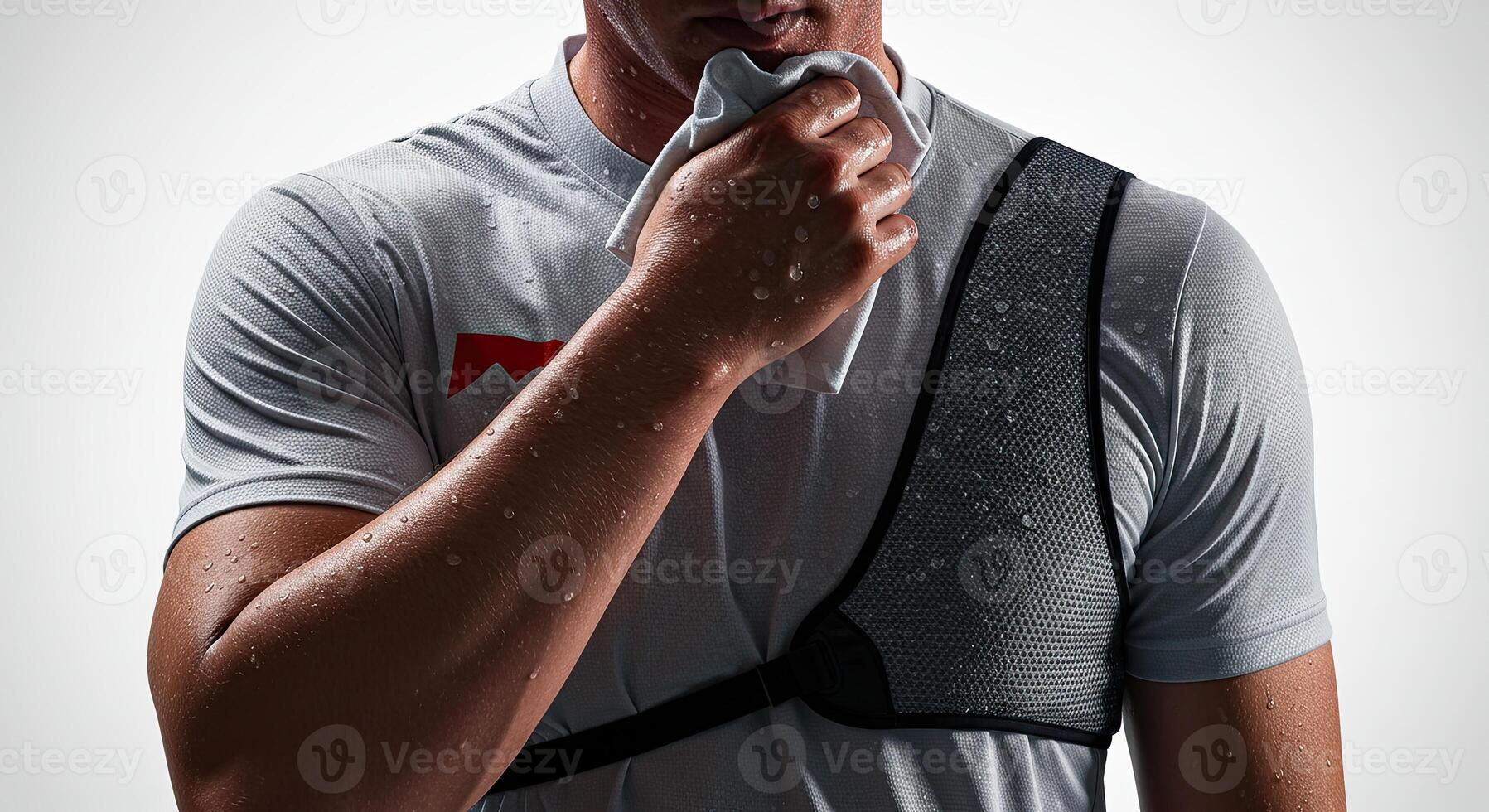 Sweaty athlete wiping face with towel after intense workout indoors photo