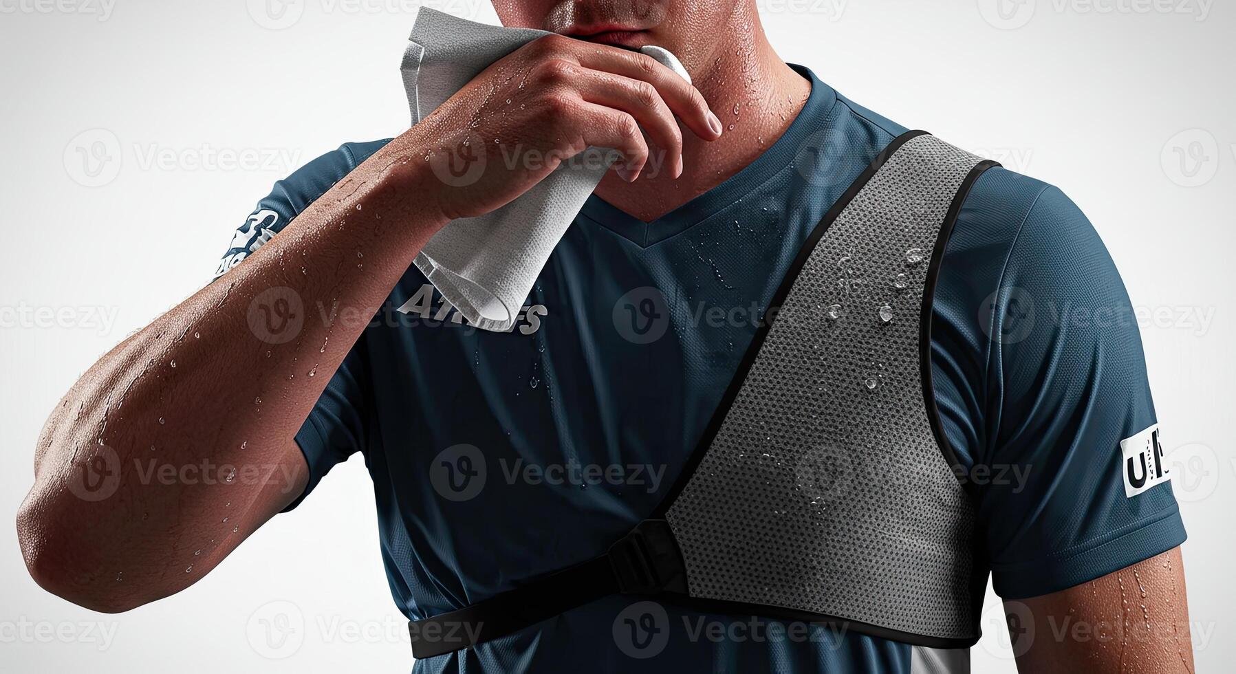 Sweaty athlete wiping face after workout with cooling vest on body photo