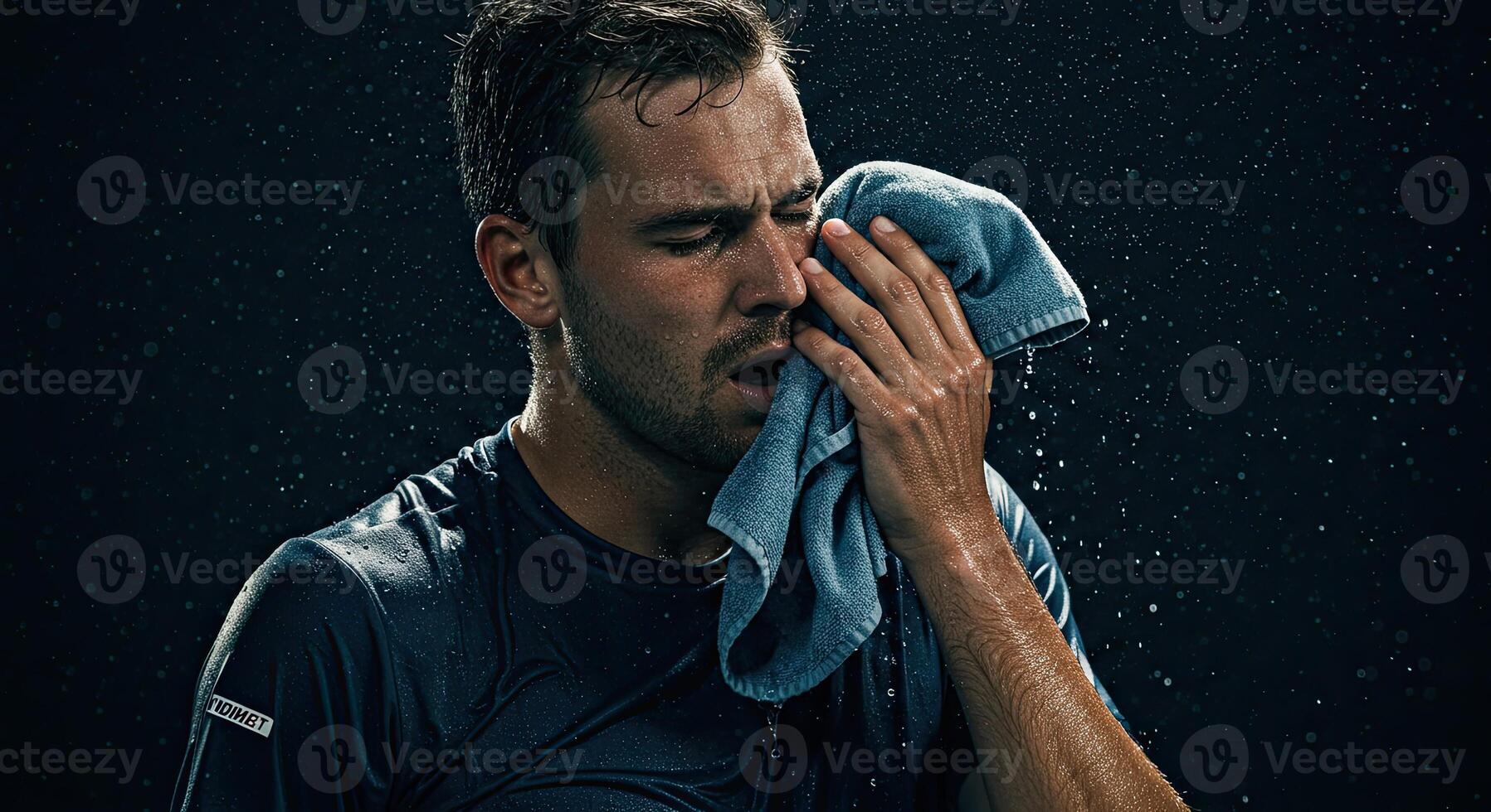 Sweaty athlete wiping face with towel after intense workout session photo
