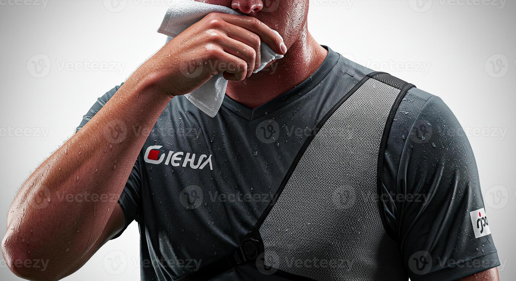 Sweaty athletic man wipes face with towel after intense workout session photo