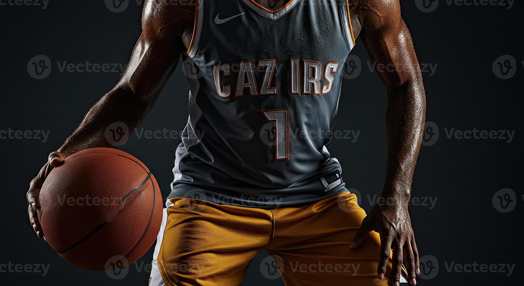 Sweaty basketball player dribbling the ball in a gray jersey and shorts photo