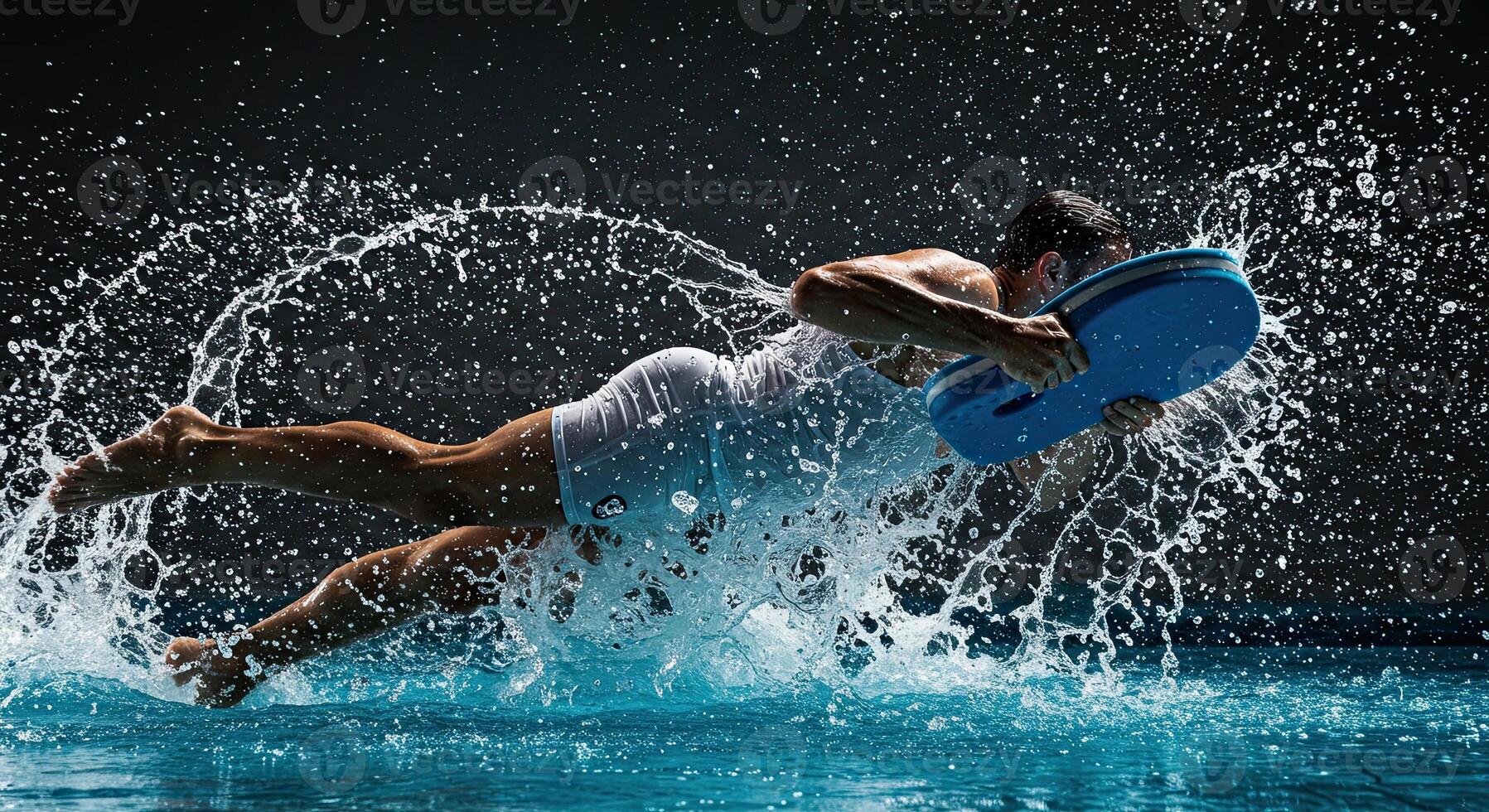 Swimmer training with kickboard in swimming pool creating splash effect photo