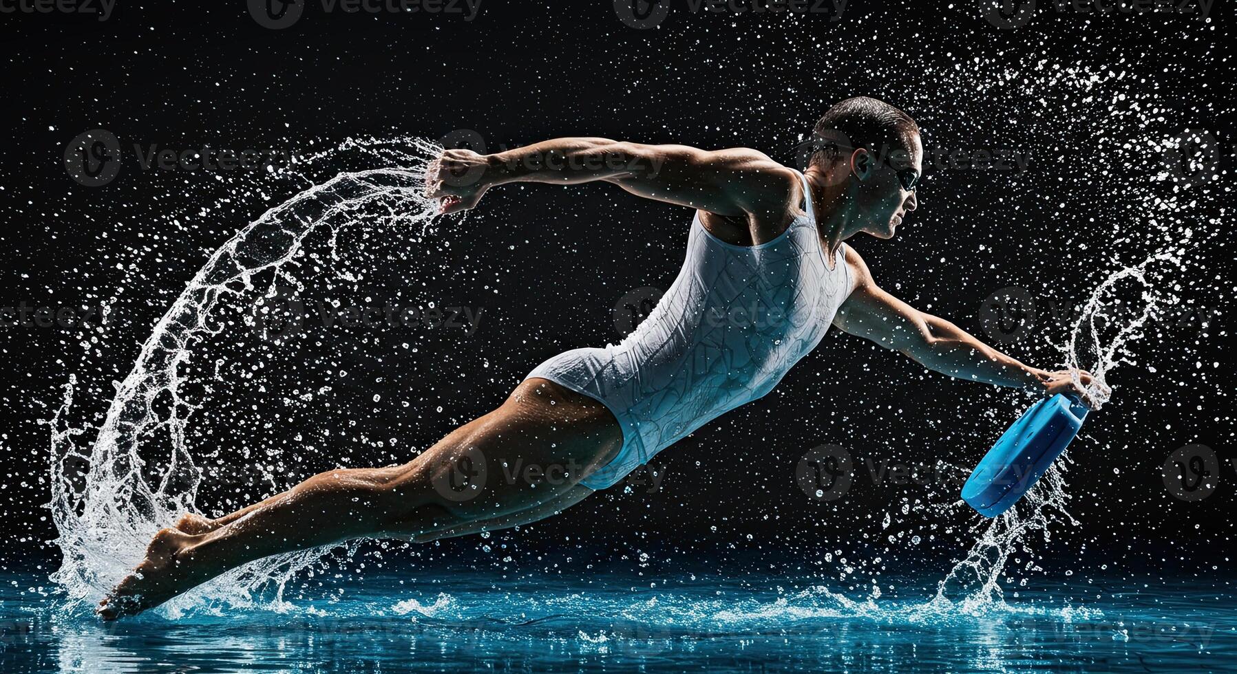 Swimmer training with kickboard in mid-air splash motion at night pool photo