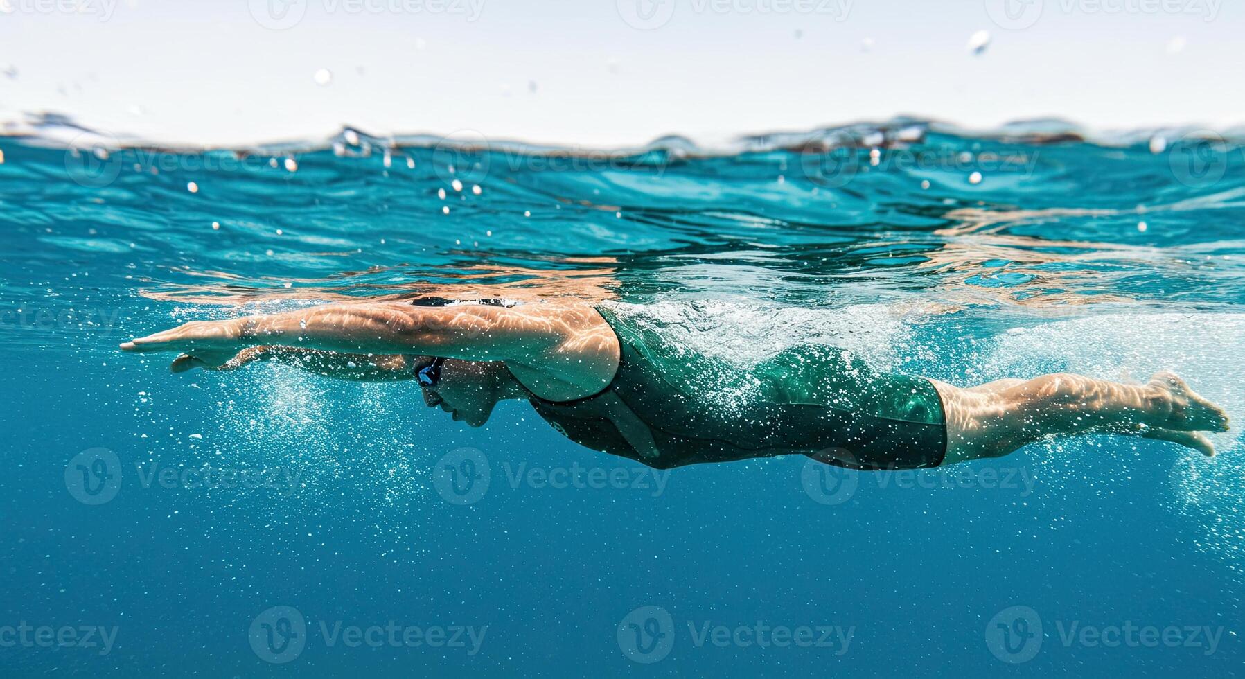 Underwater view of female swimmer gliding through clear ocean water photo