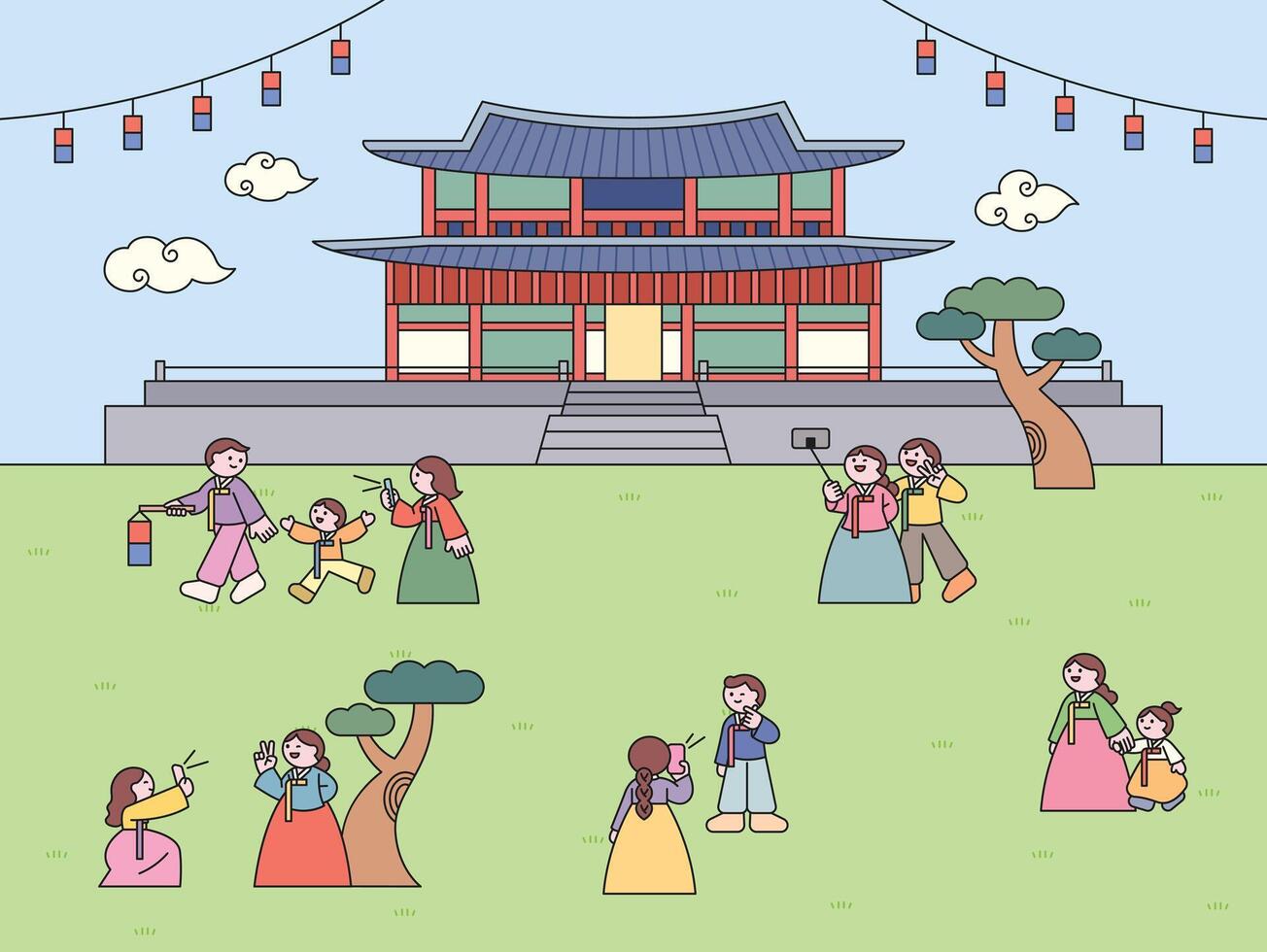 People wearing hanbok enjoying a traditional Korean festival in front of a palace. vector