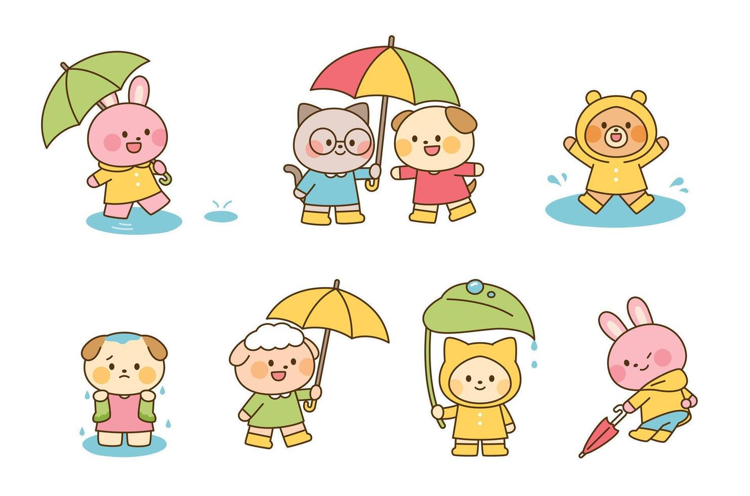 Cute animal characters wearing raincoats and holding umbrellas in rainy weather. Adorable bunny, dog, cat, bear, and sheep enjoying the rain. vector