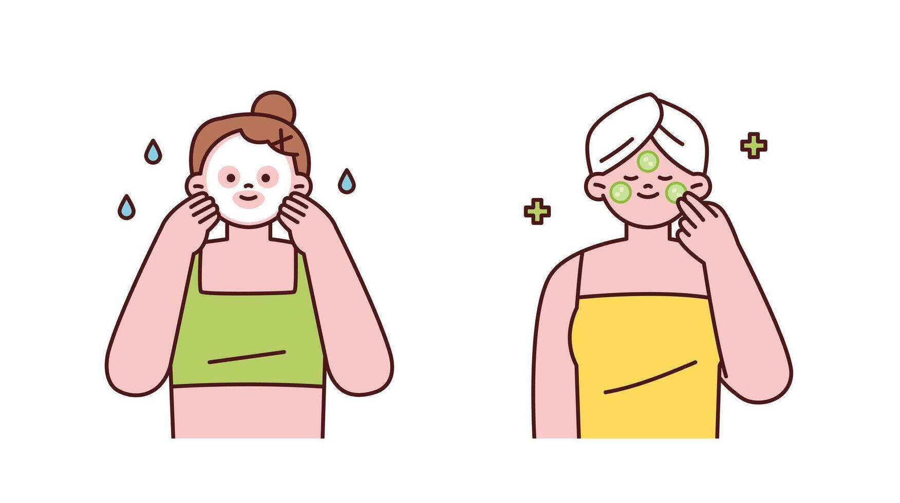 Cartoon illustration of women doing summer skincare with facial mask and cucumber slices. Cute beauty routine for fresh and healthy skin. vector