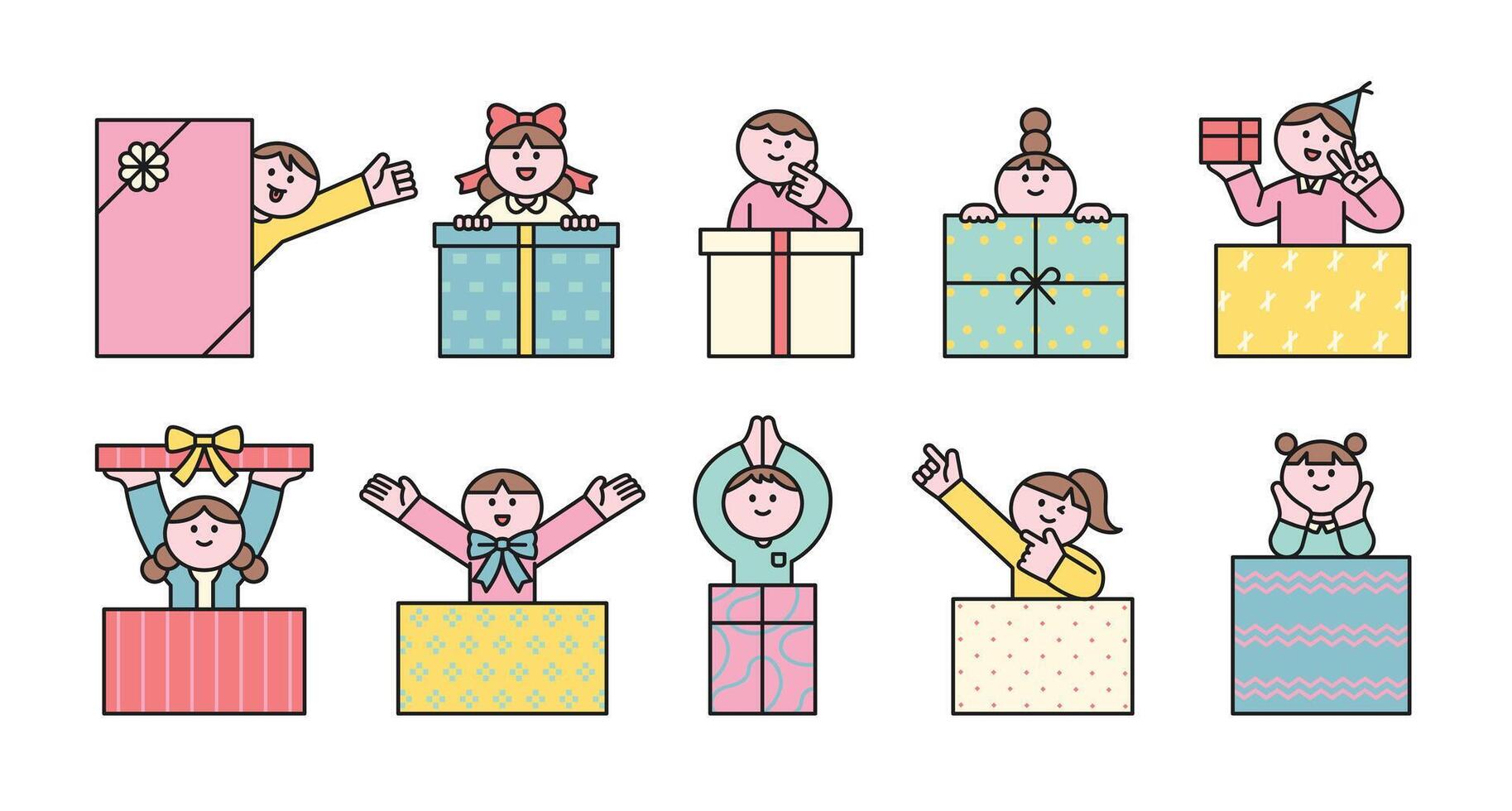 Flat illustration of cute characters popping out of gift boxes. Perfect for celebration, surprise events, birthday parties, and holiday promotions. vector