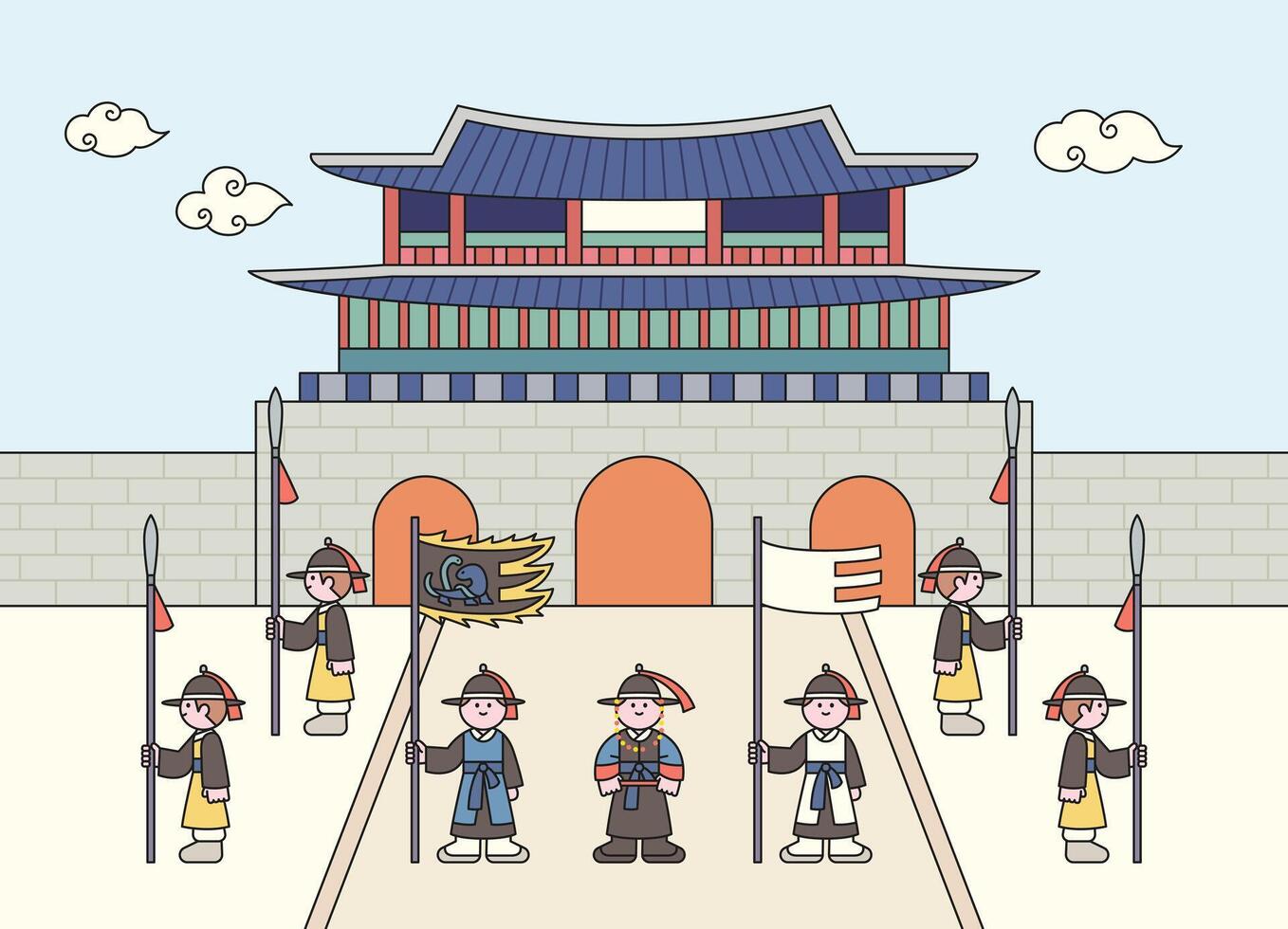 Korean royal guard changing ceremony in front of a traditional palace gate. Cute flat style historical illustration. vector