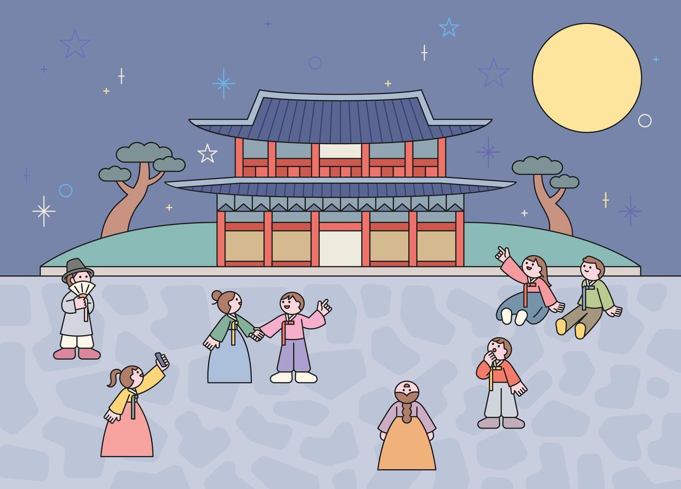 People in hanbok enjoying a traditional Korean night festival under the full moon. Flat cartoon style night palace scene. vector