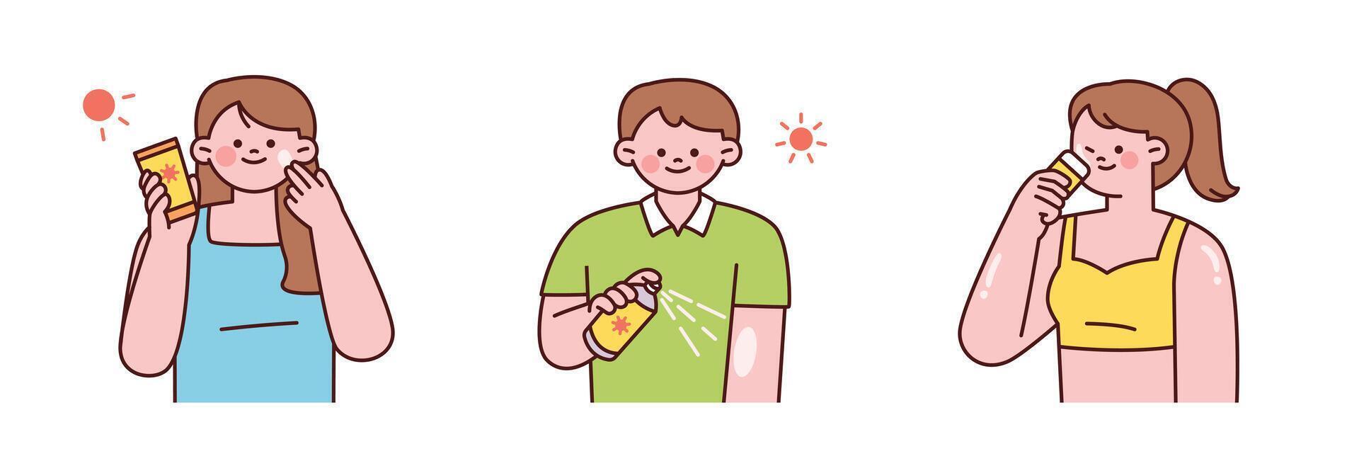 Flat illustration of people applying sunscreen in summer. Concept of UV protection, skincare routine, sun safety, and healthy habits for hot weather. vector