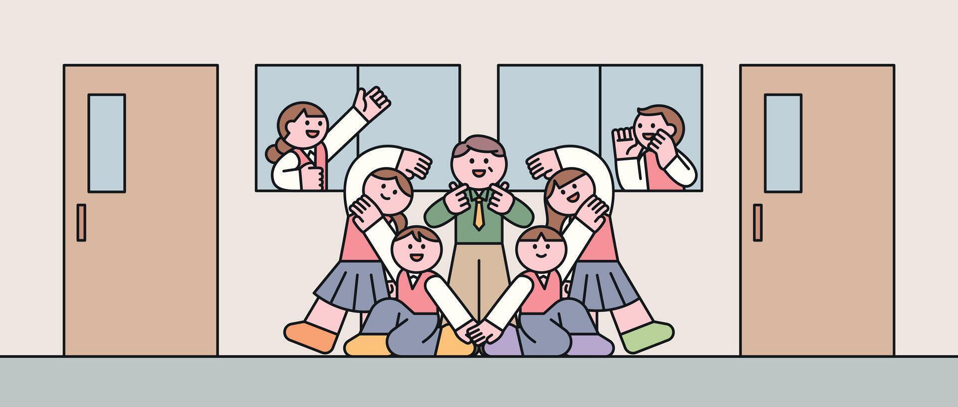 Students happily posing with their teacher in a school hallway. A joyful and playful classroom moment showing love and appreciation for their teacher. vector