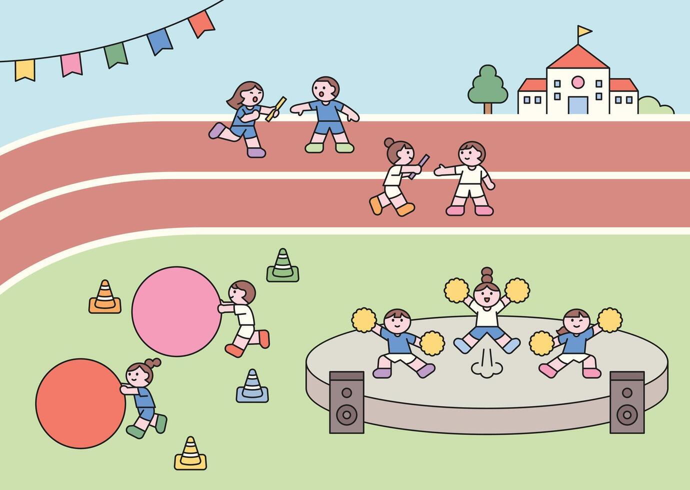 Children enjoying a school sports day with relay races, ball games, and cheerleading. Cute flat cartoon style illustration. vector