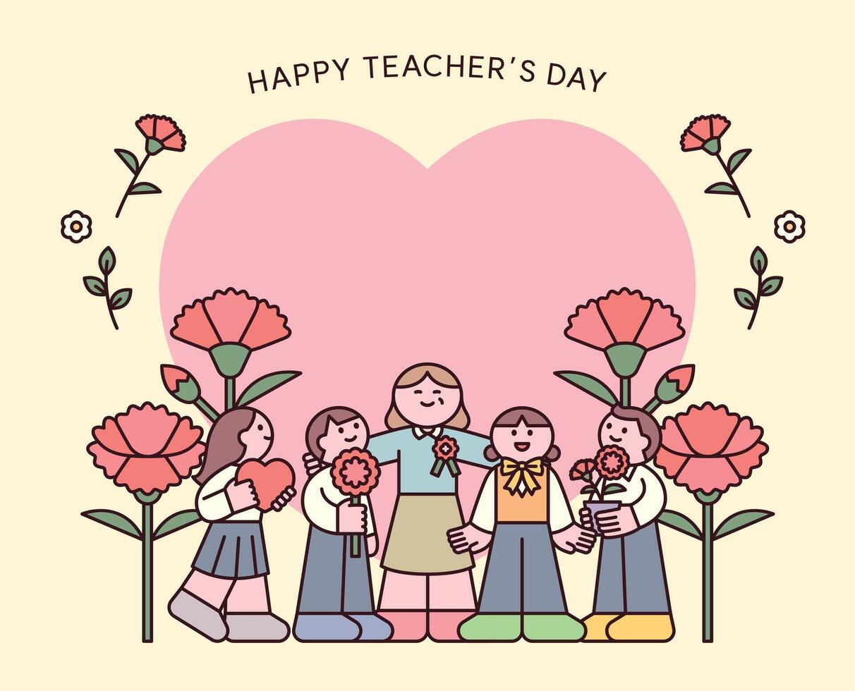 Cute children giving carnations and heart gifts to a smiling teacher in front of a big pink heart. Perfect for Teacher day vector